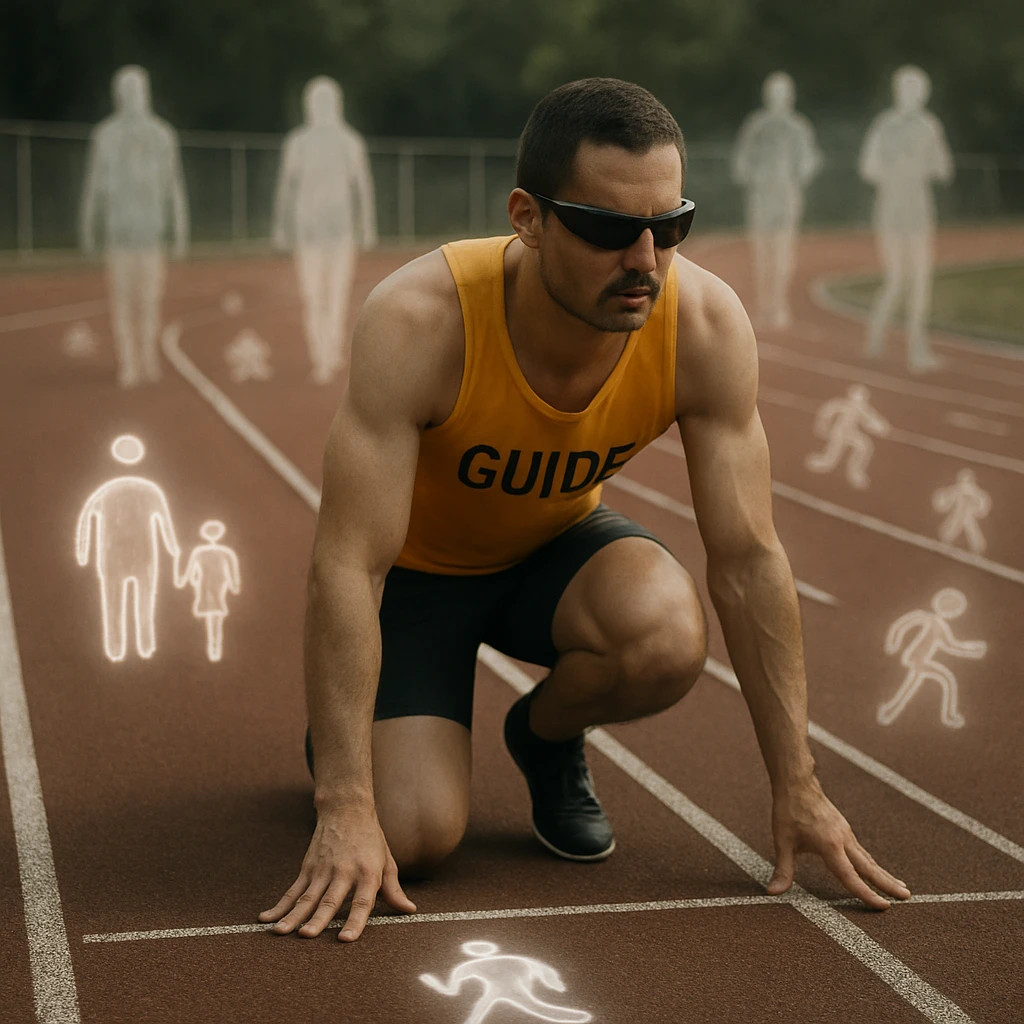 ユニバーサルデザインの標識が設置された競技コースのスタート地点で、視覚障害のあるランナーが隣に空席を残して並んでいる様子。