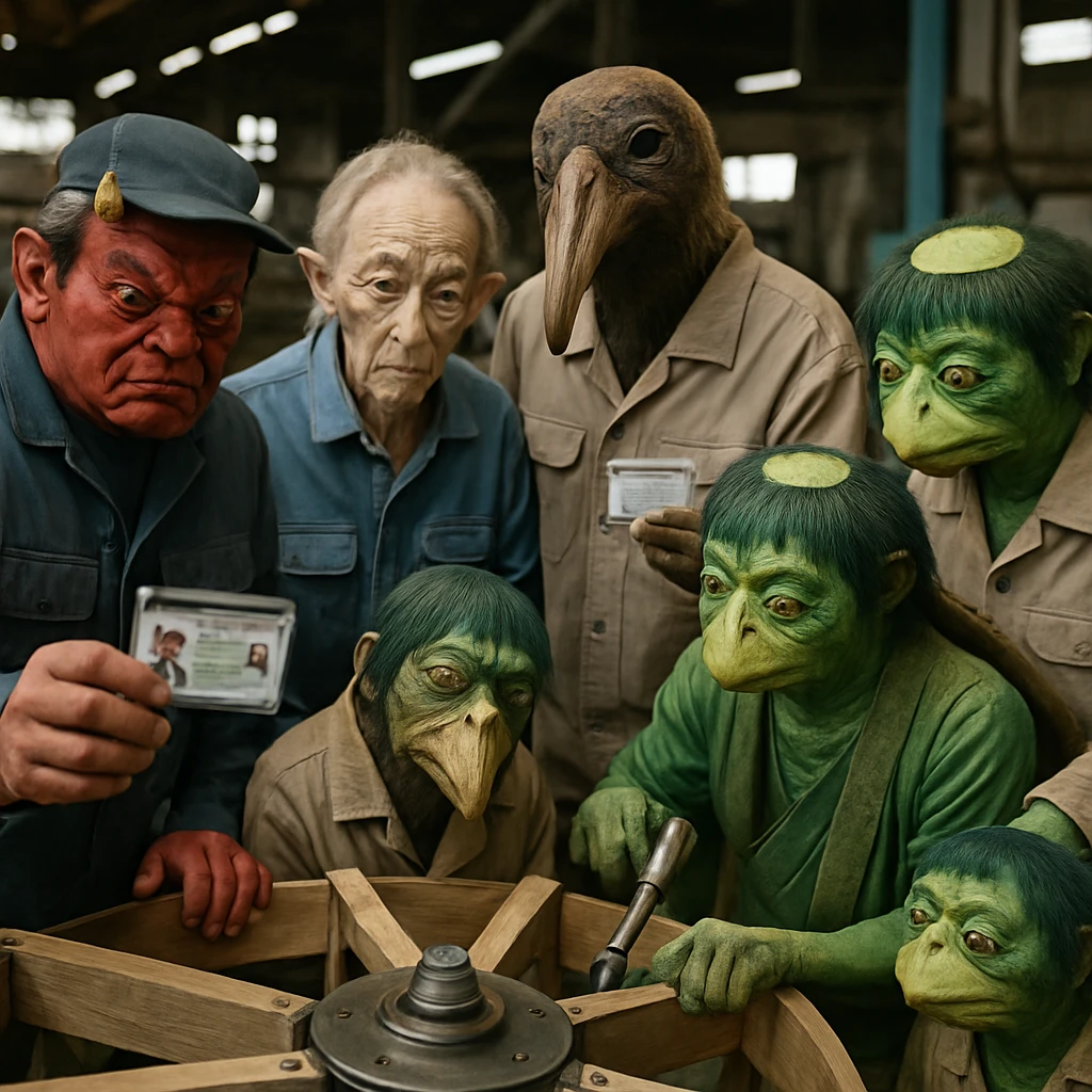 工場の床で妖怪風の外国人労働者と地元の河童たちが水車部品を組み立て、透明のデジタル在留カードを手に持つ場面の写真。