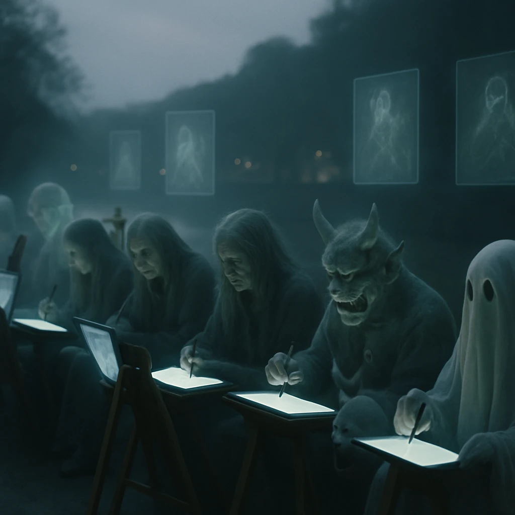 薄暗い三途川の河畔ギャラリーで、半透明の幽霊や妖怪がiPadやタブレットでドローイングしている様子。