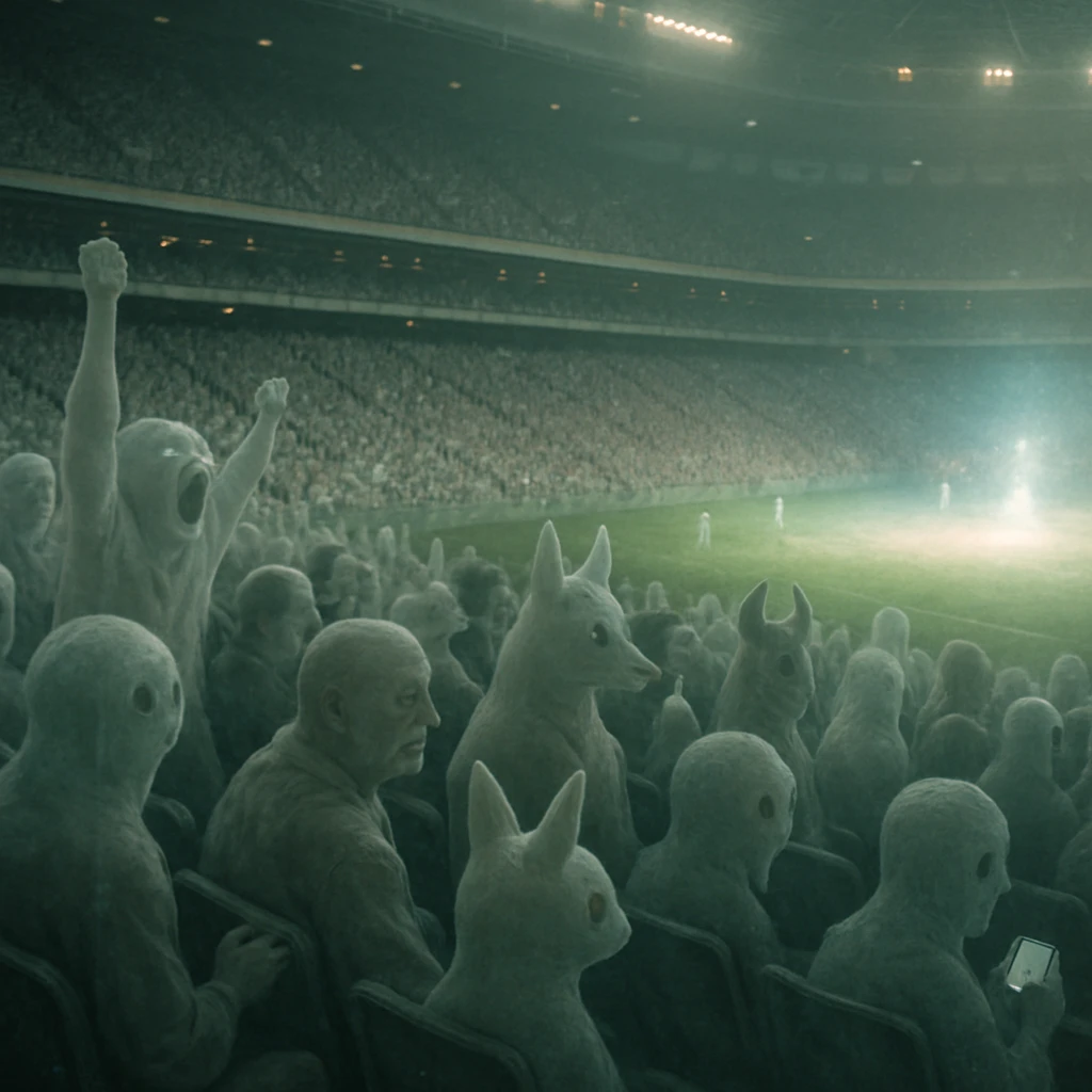 霊的な観客たちが座席に並ぶ、幻想的な霊界スタジアムの観戦風景を捉えた写真風画像。