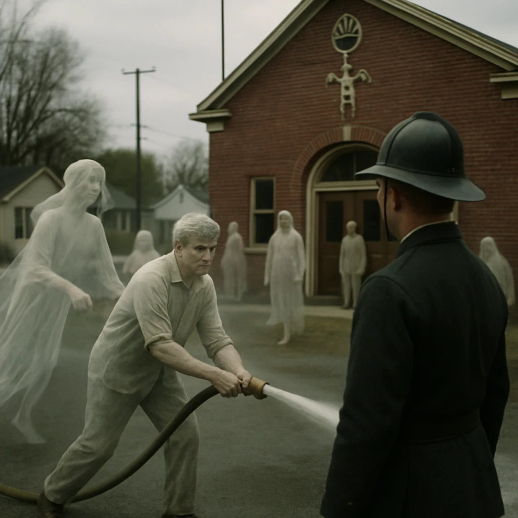 小さな町役場前で、半透明の幽霊住民たちが火災訓練に参加している様子の実写風写真。