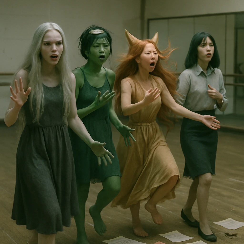 異界コンセプトの4人組K-POPガールズグループが練習室で練習に励む様子を写真風に写した画像。