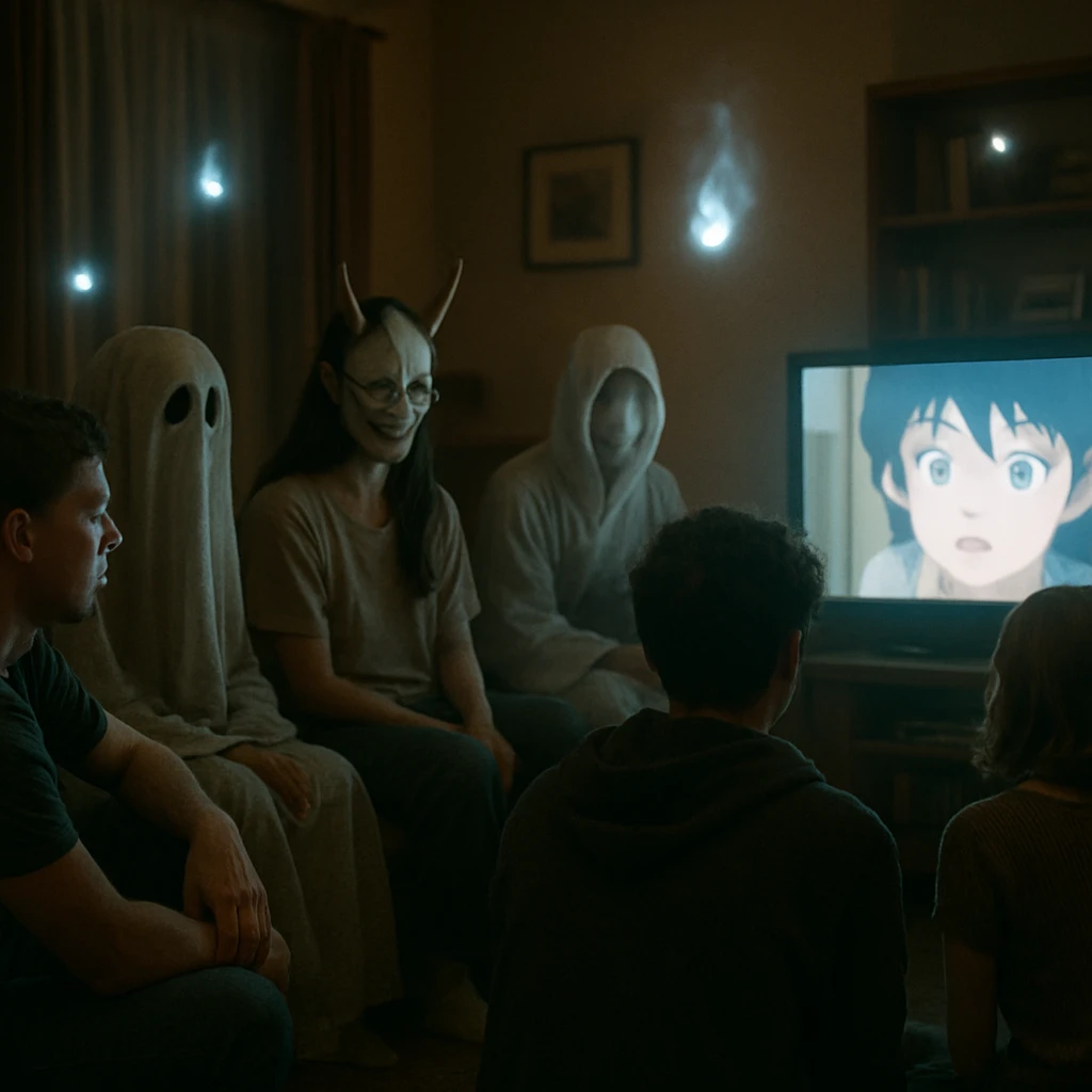 現代の若者と幽霊たちが居間でアニメを一緒に鑑賞している様子のリアルな写真風画像。
