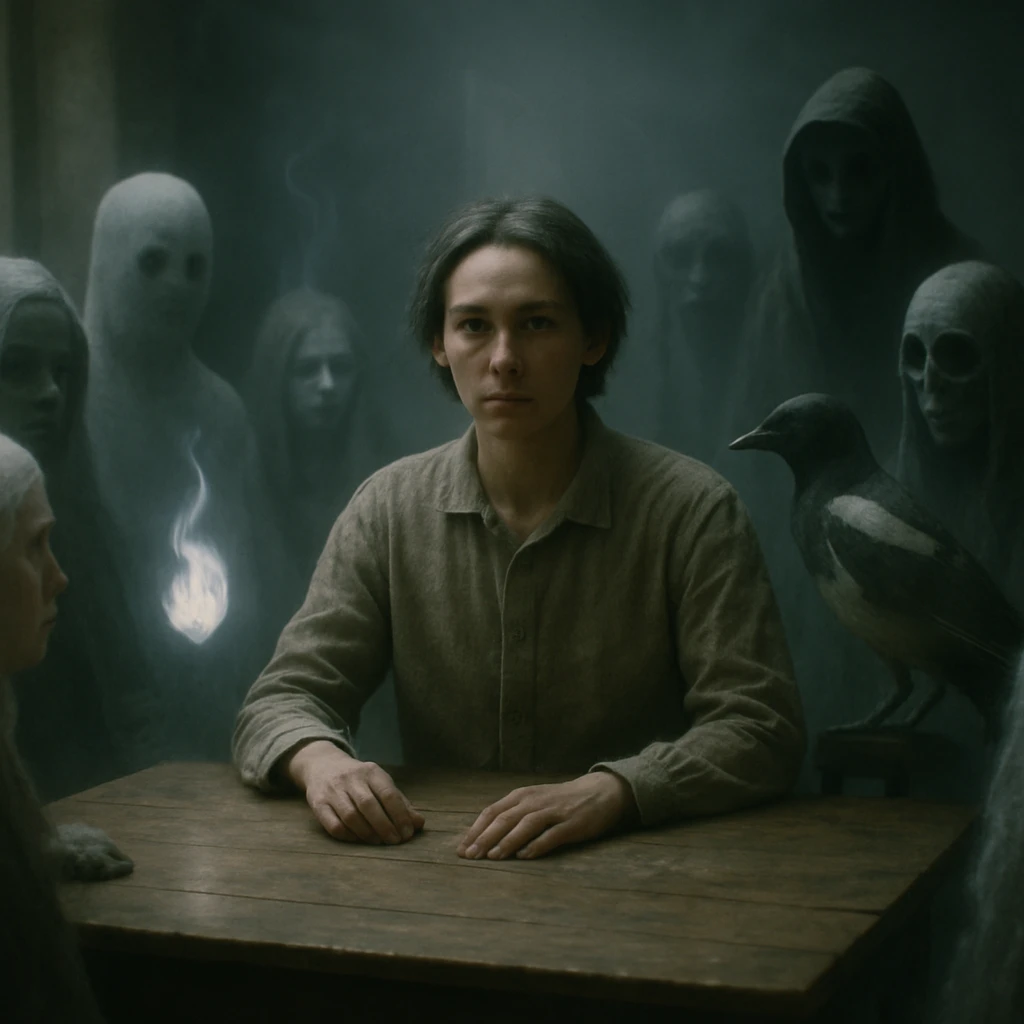 和やかな雰囲気の中で、古風な服装のノンバイナリー会長と多様な幽霊たちがテーブルを囲む様子。