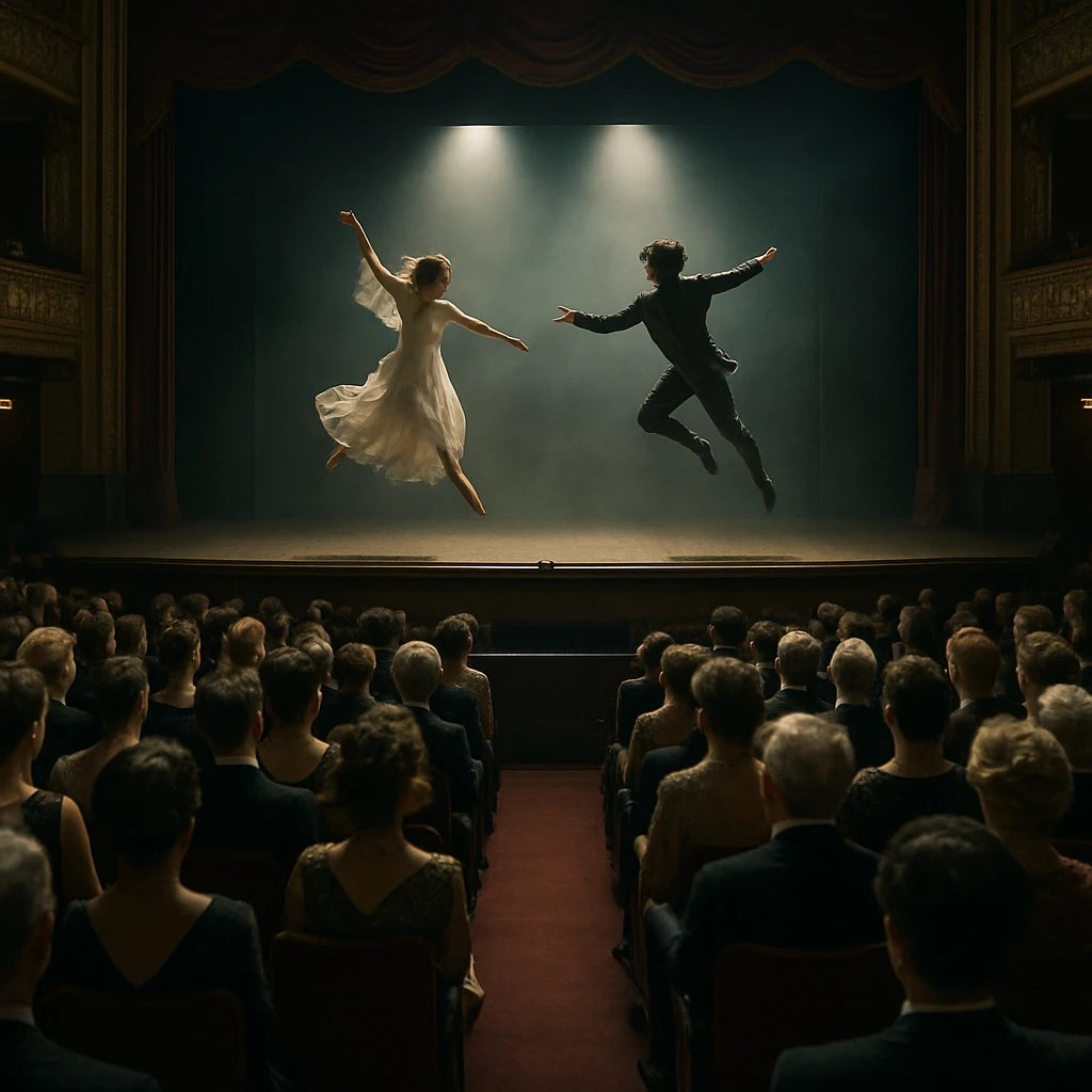 帝国劇場の観客席から、空中で踊る2人の主演と空のオーケストラピットが見える写真。