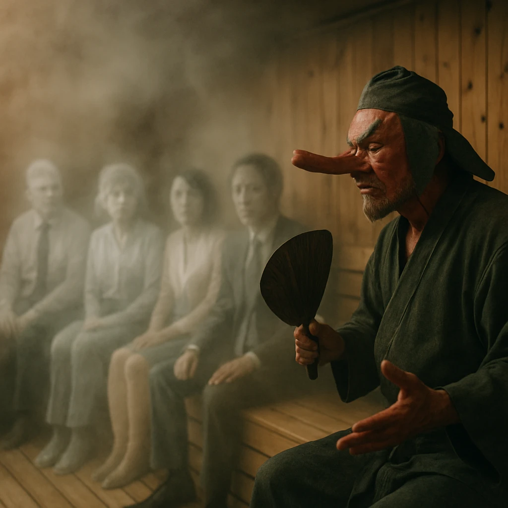 サウナ室内で天狗が扇子を持って複数のビジネススーツ姿の幽霊たちを導いている写真。