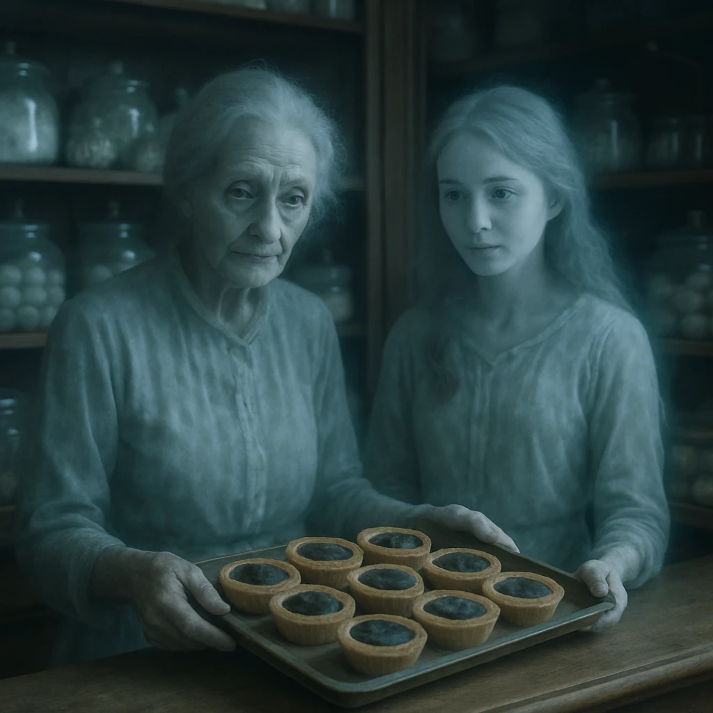 古風な菓子店のカウンター越しに、“魂タルト”を載せたトレーを手にする女性の霊とその娘の霊が２人並んでいる写真。