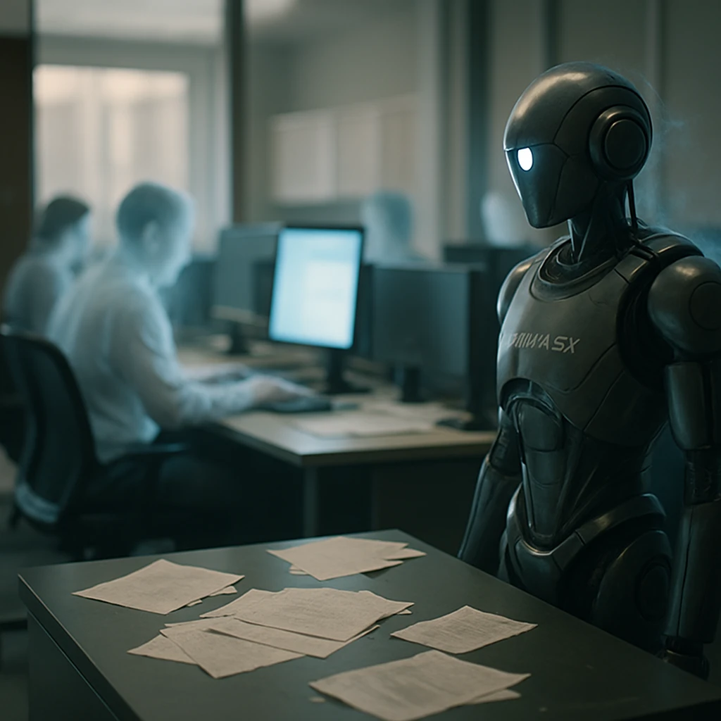 半透明の幽体行員たちが近代的なデスクでパソコン作業をし、隣にRPAロボットが立つ幽世銀行のオフィスの写真。