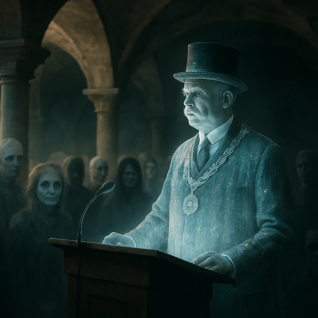 地下の荘厳なホールでデジタルマントを身に着けた幽霊市長が霊体の観客に向けて演説している場面。