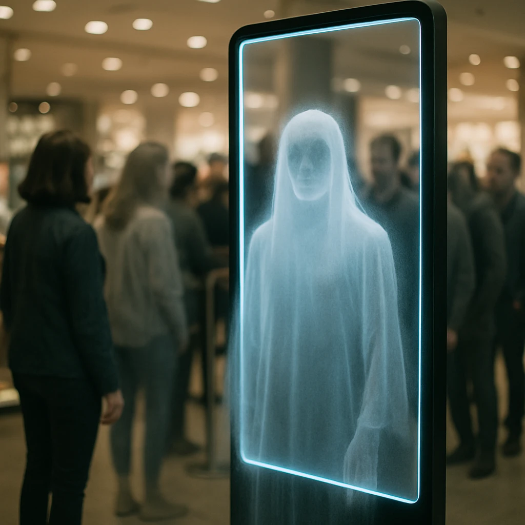 デパートの一角でスマートミラーを見つめる半透明の幽霊と、その後ろに並ぶ姿のぼやけた幽霊たちの写真。