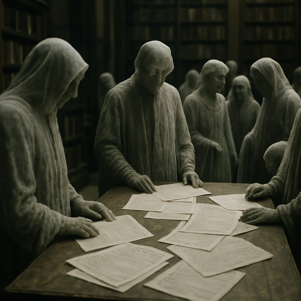 薄暗い古い図書館で、資料の上に集まる幽霊のような司書たちを写した写真。