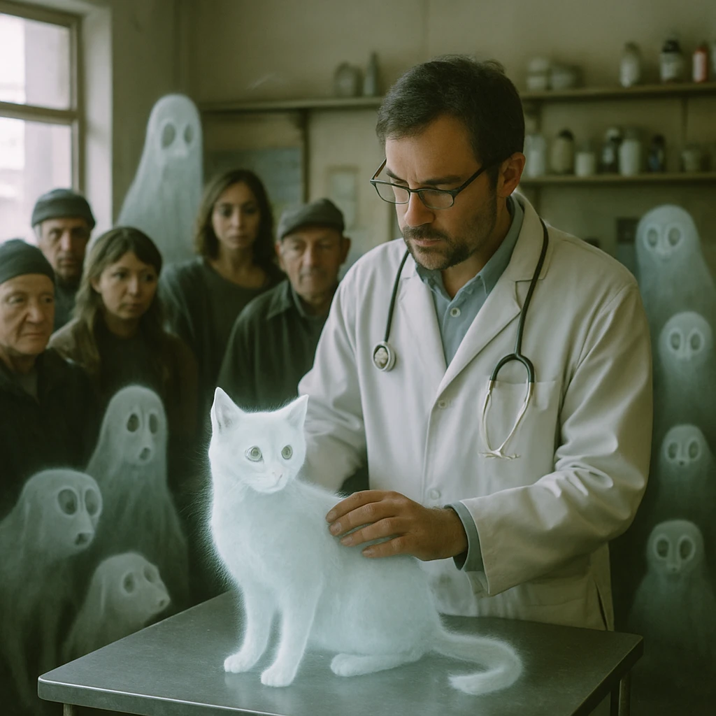 診療所の中で獣医が透明な霊猫を診察し、住民や妖獣たちが周囲で見守る様子。