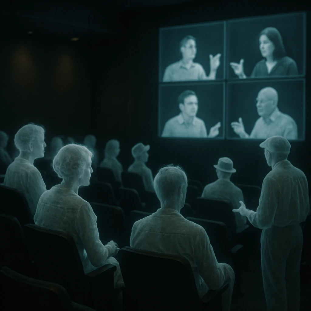 仮想空間の討論ホールで幽霊たちがアバター姿で議論している様子の現実的な写真風画像。