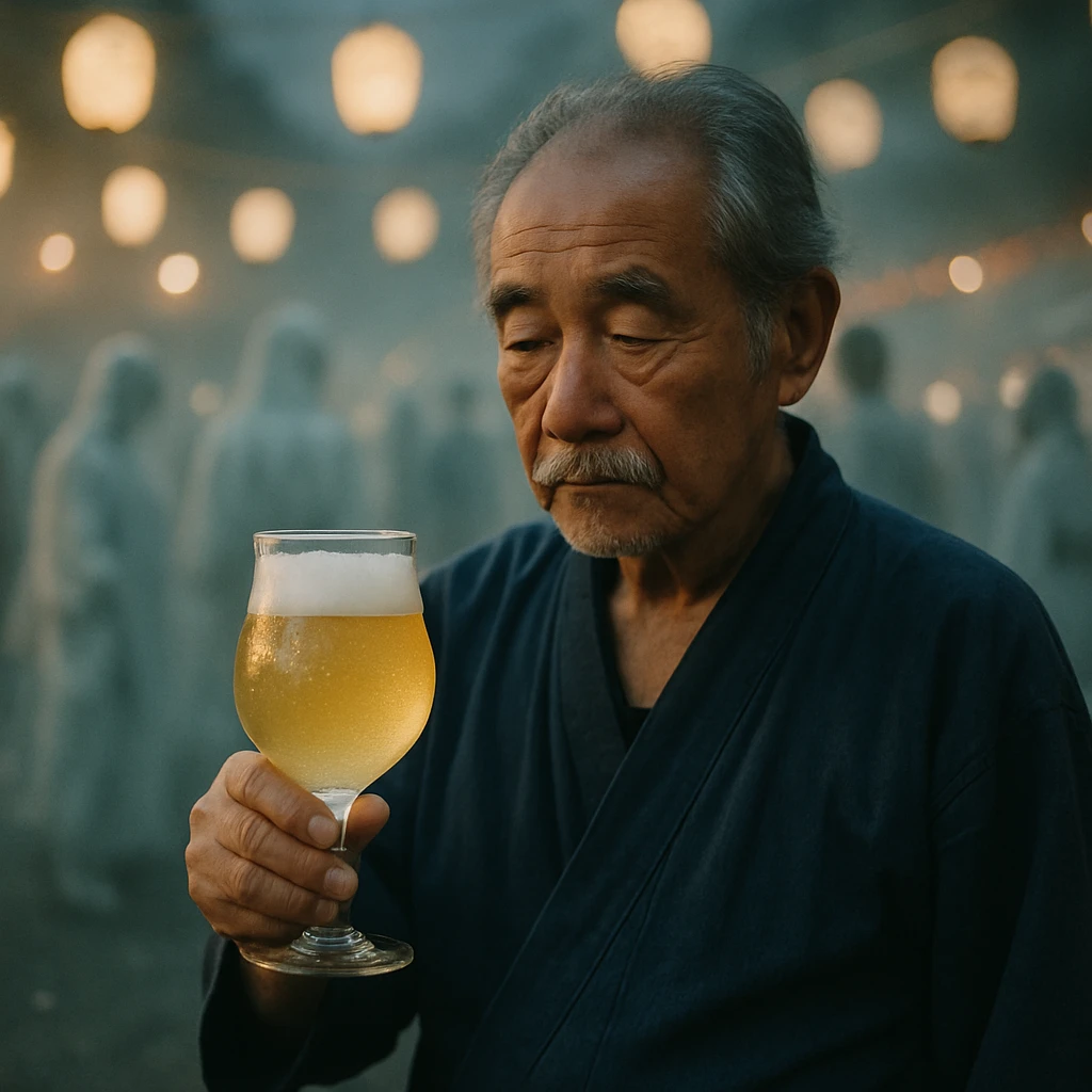 薄く発光する銀色のビールグラスを手にした和装の年配職人が、幻想的な祭りの会場で注目を集めている写真。