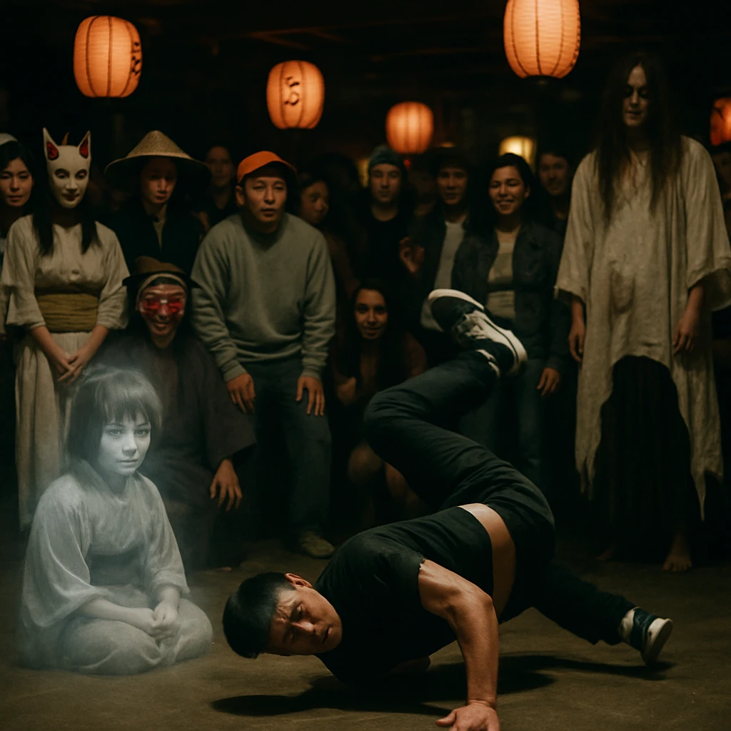 妖怪や幽霊が集まるクラブでブレイクダンサーが華麗に技を披露している実写風の写真。