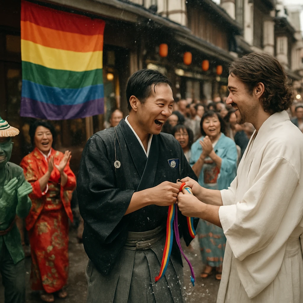 商店街のカフェ前でレインボーフラッグが掲げられ、多様な来賓が祝福する中、河童と妖狐をモチーフにした人物が虹色のリボンを交換し水しぶきが舞う結婚式のワンシーン。