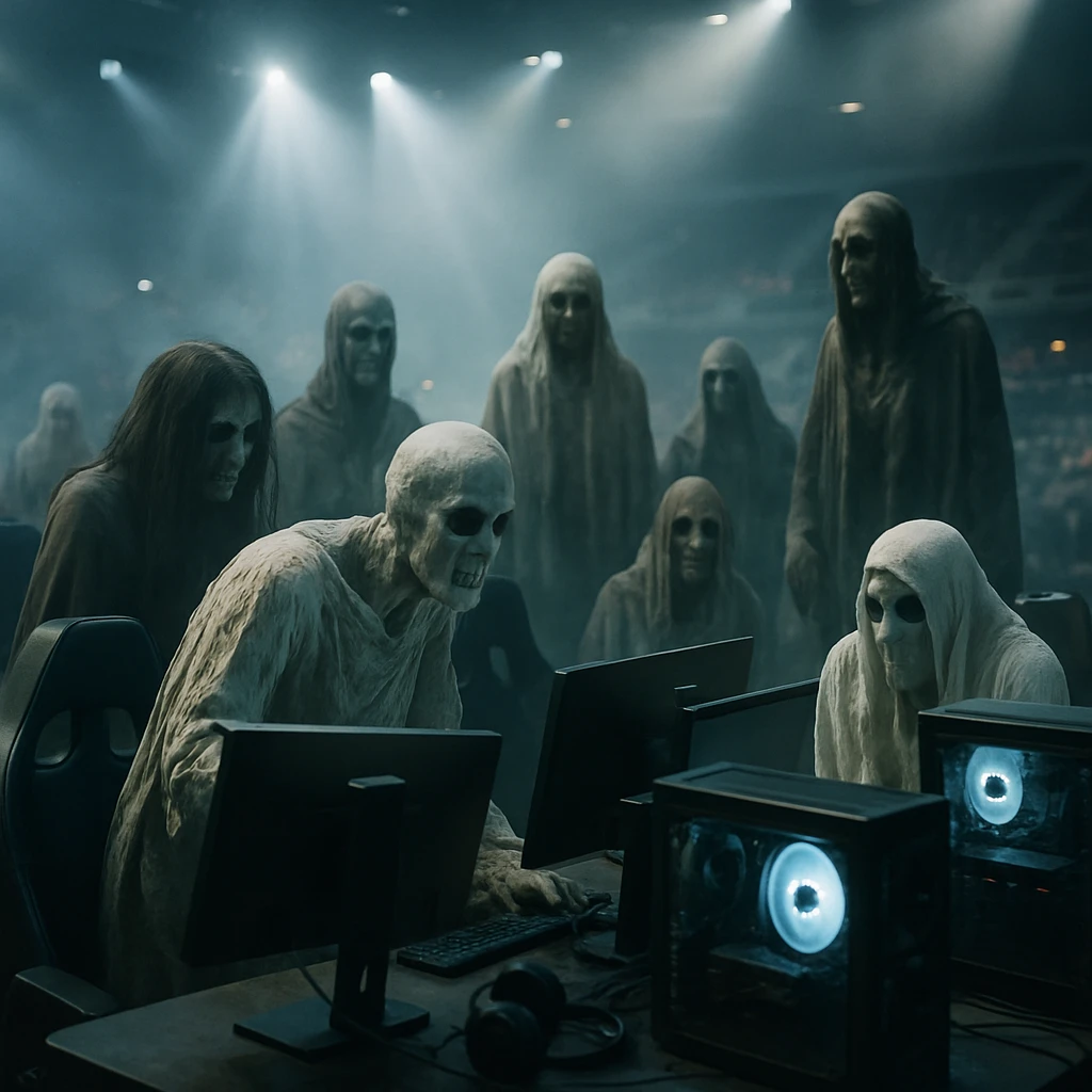 霊や妖怪たちが集まった幻想的な大会会場で、パソコンを前に真剣な表情でeスポーツを競う様子の写真。