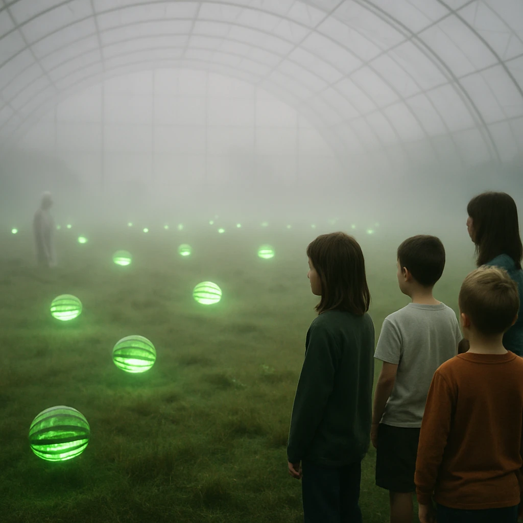 透明なドームの下、緑色に光る浮遊スイカが点在する野原を幽霊や子供たちが見守る光景。