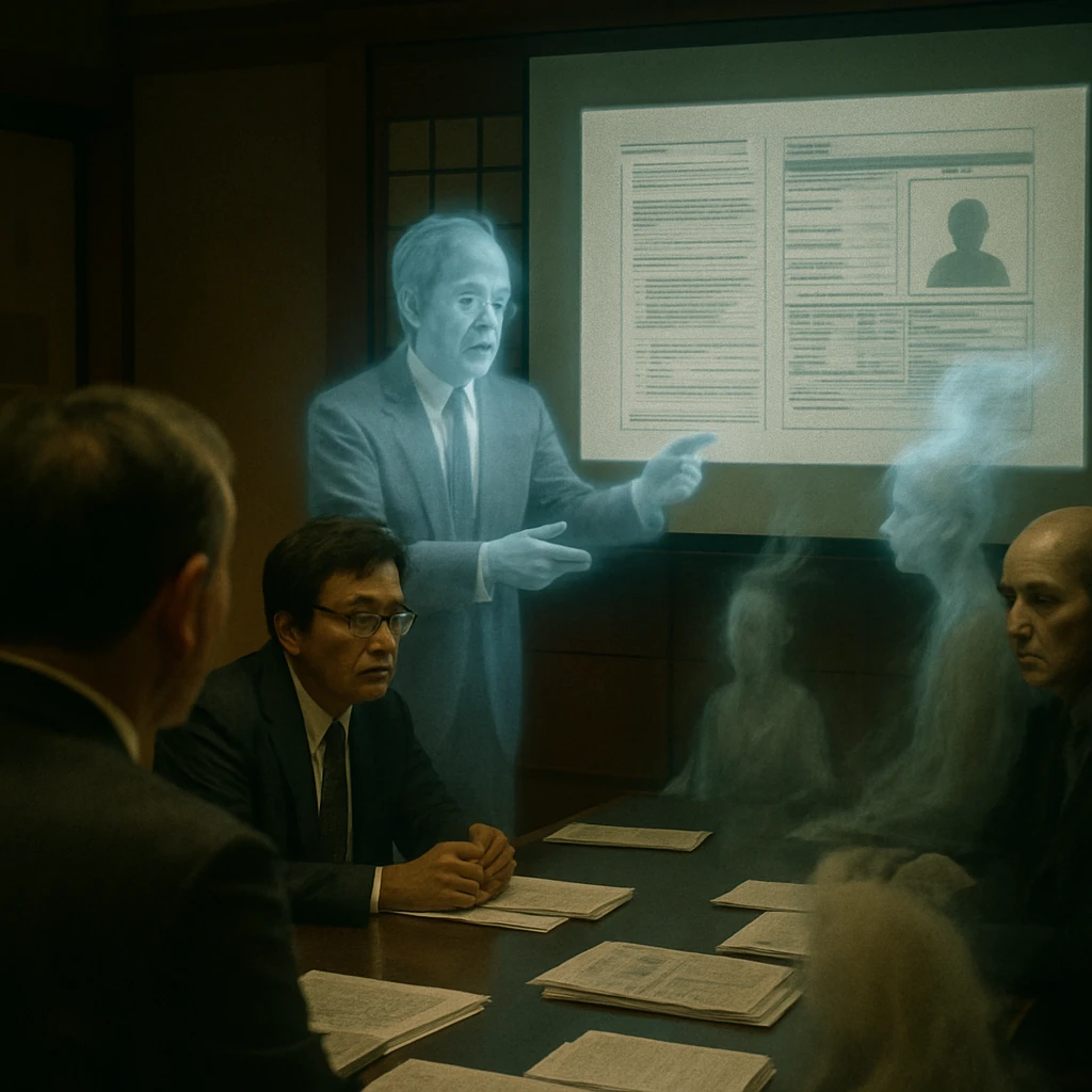 和風の会議室で幽霊のような公務員たちがマイナンバー制度について真剣に議論している場面の写真。