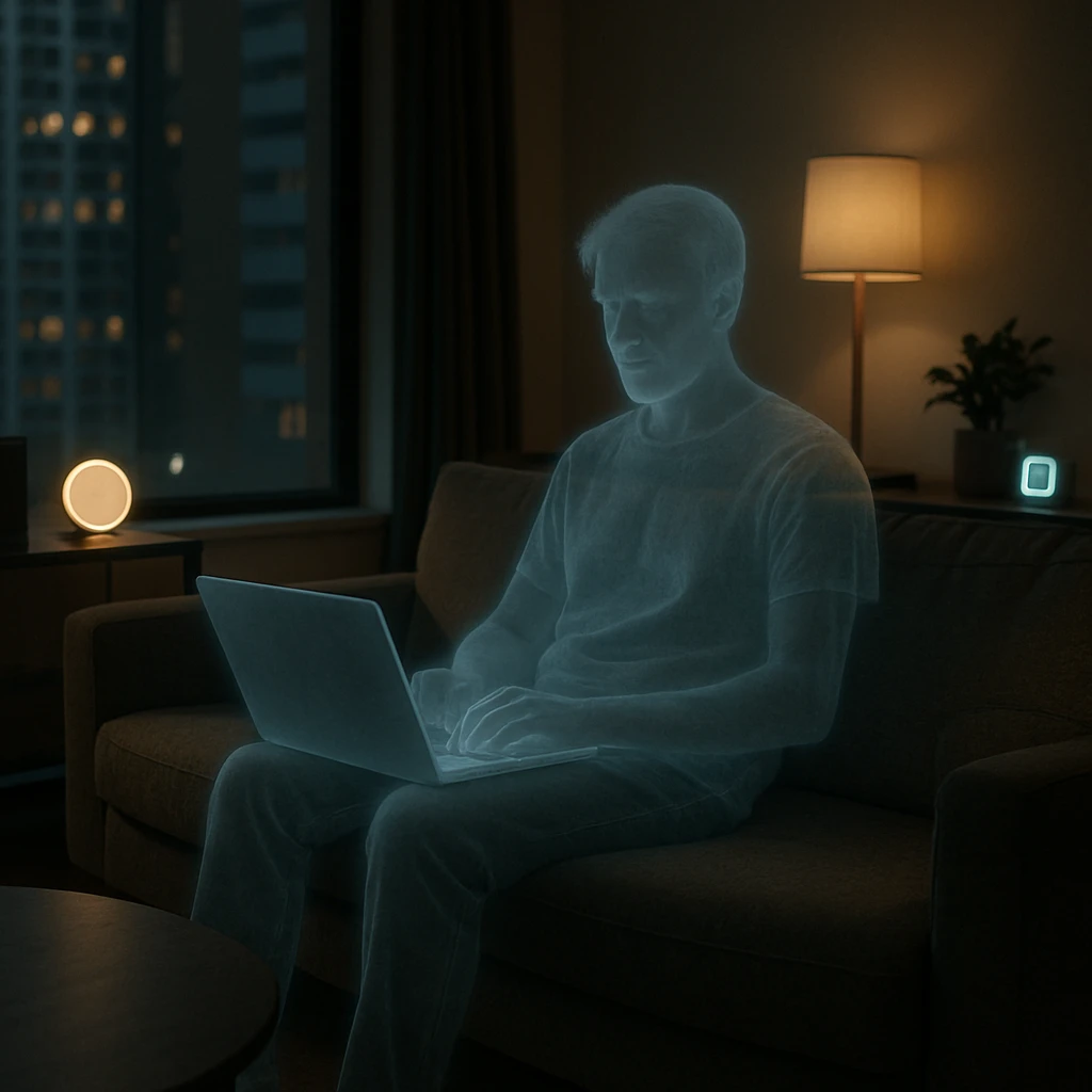 現代的なマンションの一室で、透明な幽霊がソファに座りノートパソコンを前にしている様子を写した写真。