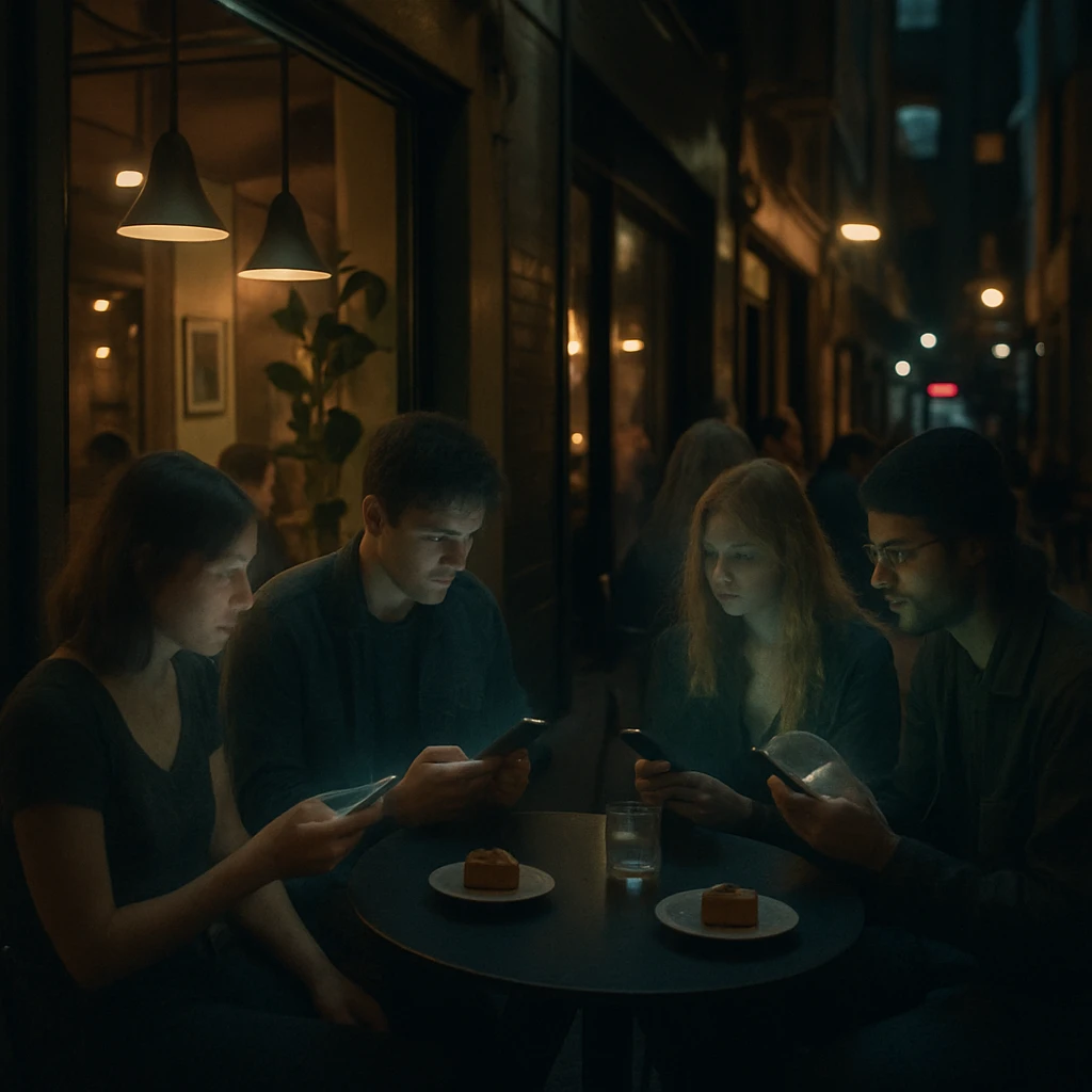 深夜のカフェで透明感のある若者たちがスマートフォンやビーガンスイーツを囲んで集まる様子の写真。