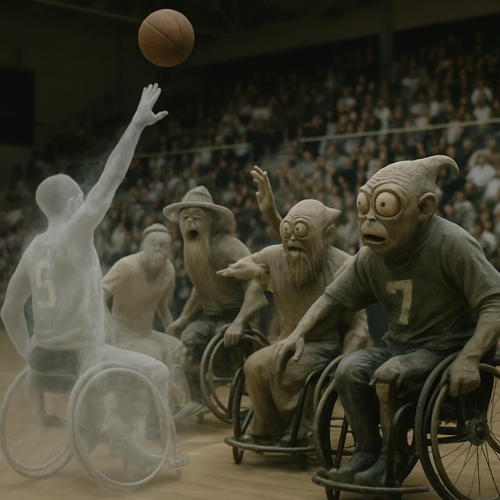 半透明の幽霊選手と妖怪チームが車いすバスケットボールをしているアリーナでの試合風景。