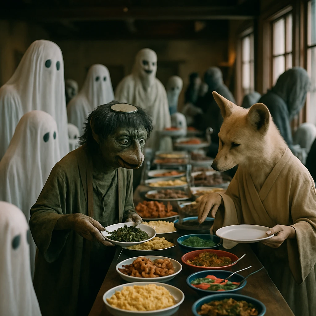 朝食ビュッフェで幽霊や妖怪など多様な客が色とりどりの料理を手にする様子のリアルな写真。