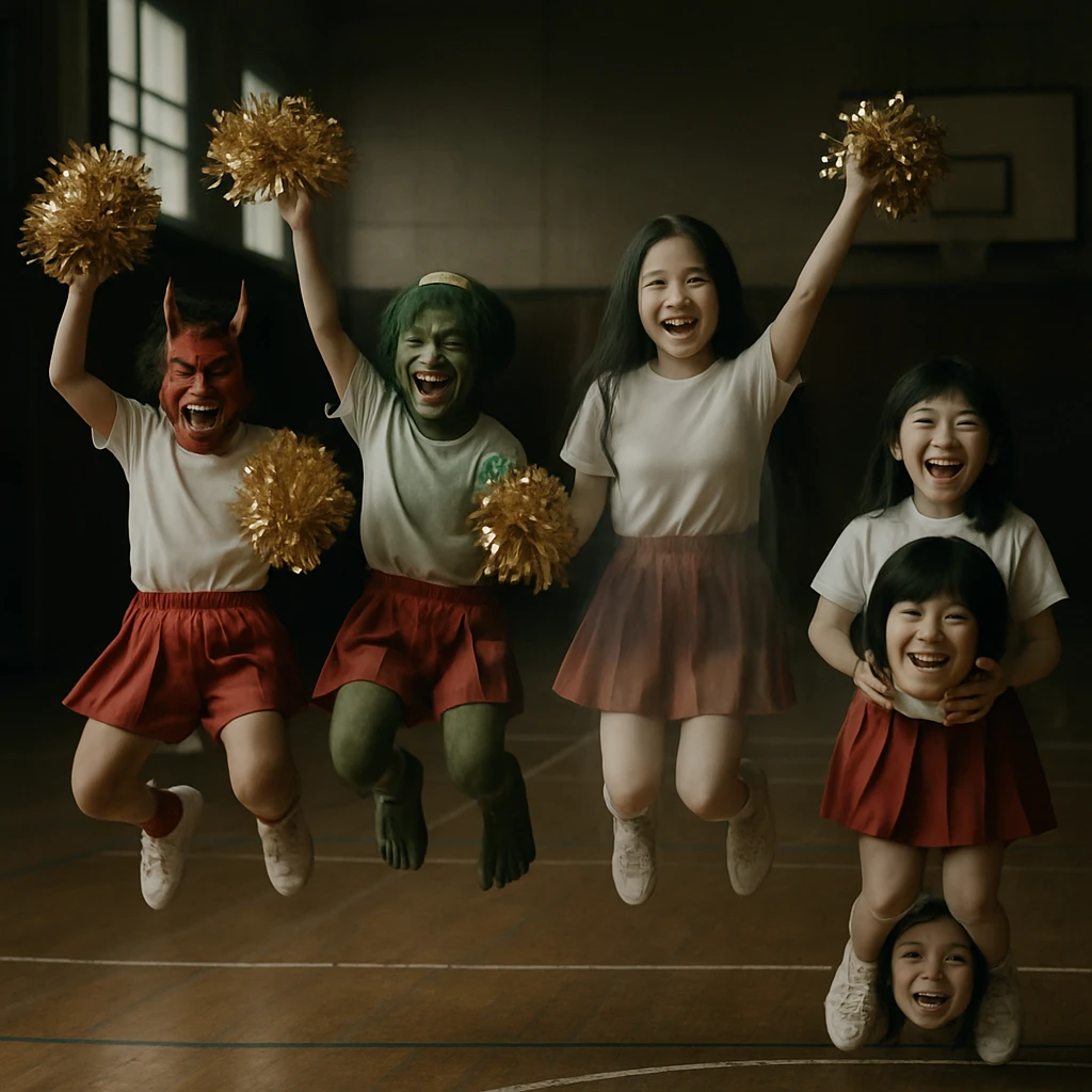 体育館で妖怪の衣装を着た子どもたちがチアリーディング演技中に笑顔でジャンプしている様子。