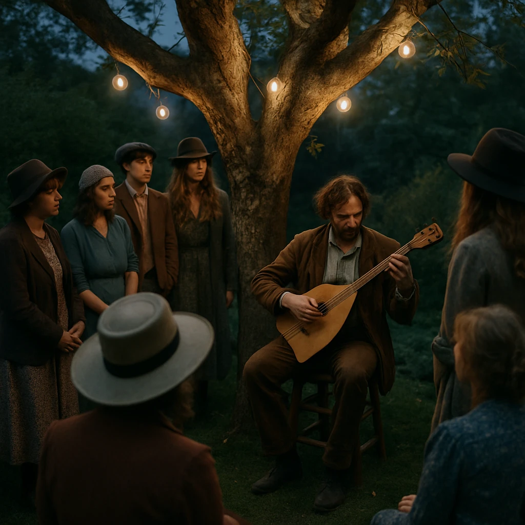 薄明かりの庭でライトアップされた大きな木の下、手作り楽器を演奏する人物とそれを囲んで見守る人々の様子。