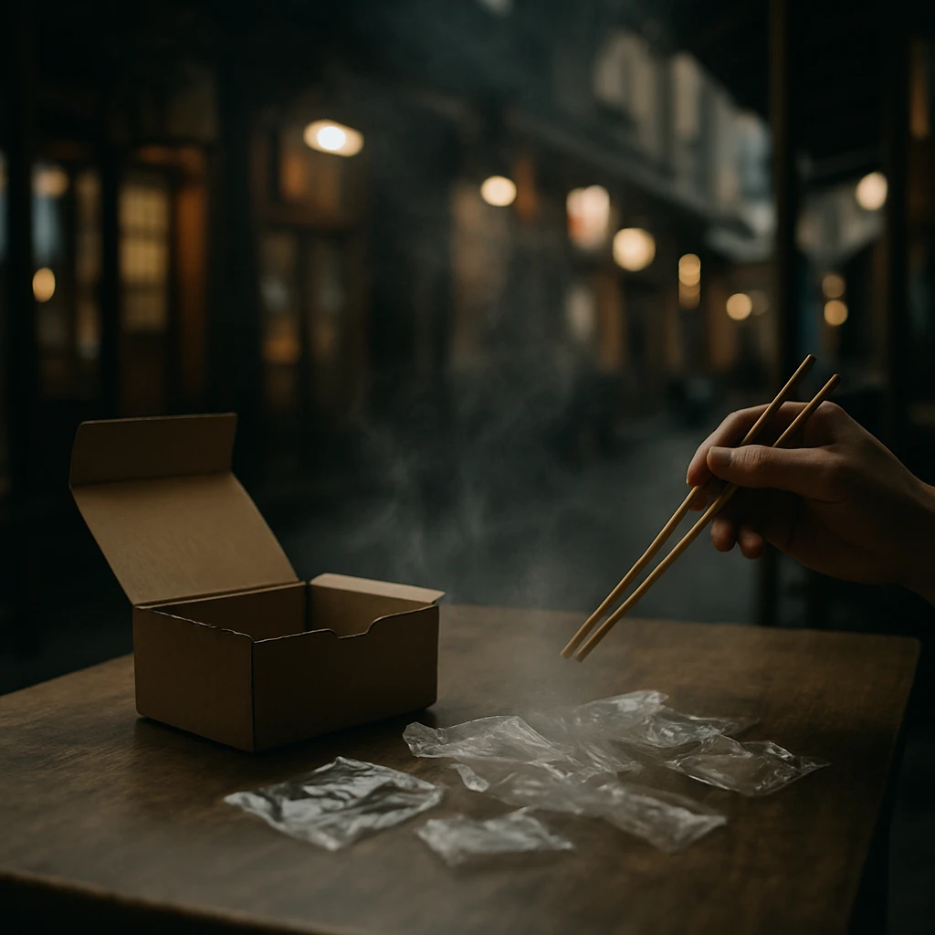 幽界商店街の暗めのキッチンテーブルに、空のミールキット箱と箸で見えない料理をつまむ手元が映っている。