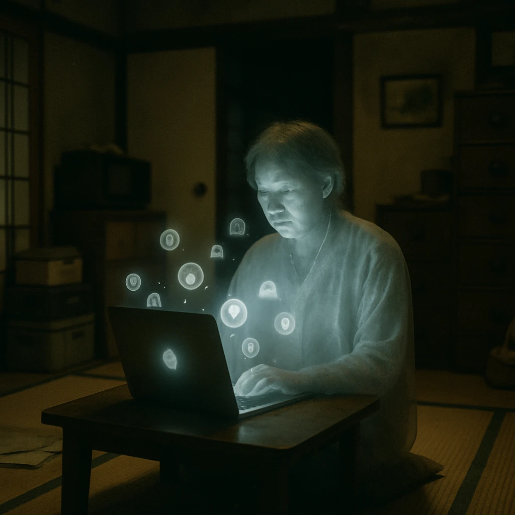 和室でノートパソコンを前に座る半透明の幽霊と、画面に浮かぶデジタルコインの様子。