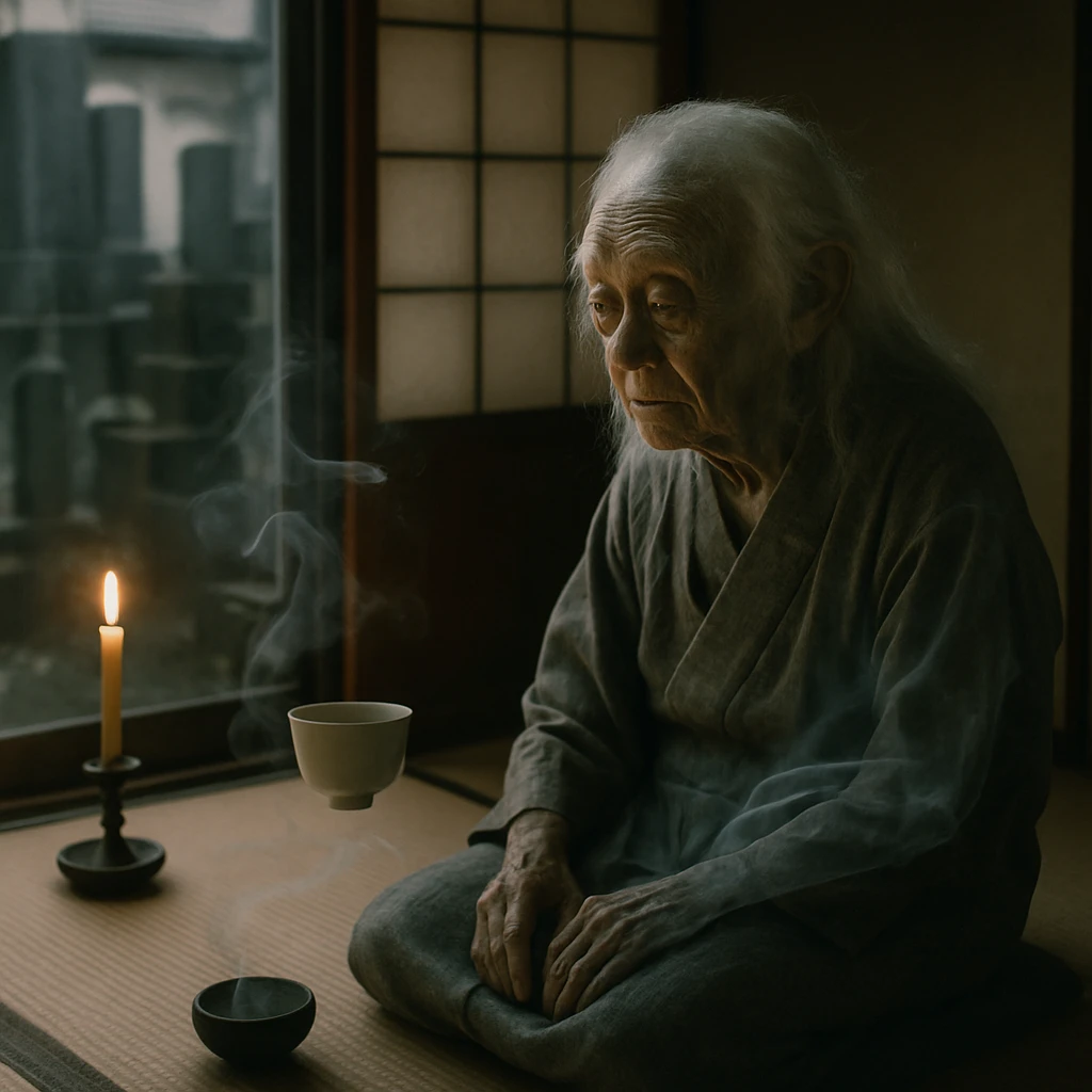 薄暗い畳の部屋で、ろうそくと線香の煙に包まれて座る妖怪の高齢者が、見えない介護ロボットの補助を受ける様子。