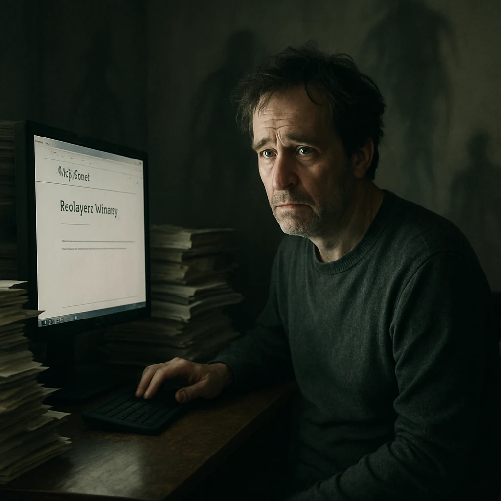 薄暗い部屋でパソコン画面を見つめる男性作家が、消えたプロローグのお知らせが表示された画面の前で戸惑う様子の写真。