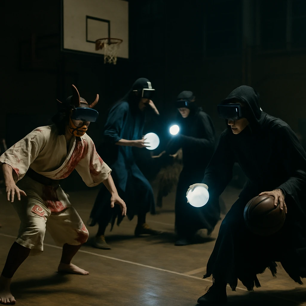 夜のインドアバスケットボールコートで、妖怪や死神のコスチュームを着たプレイヤーたちがVRバスケに興じる様子。