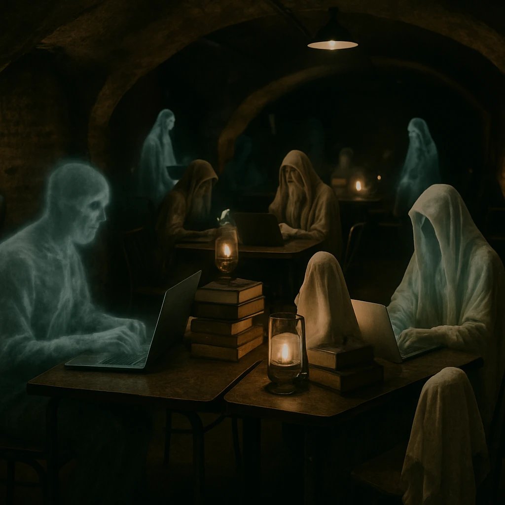 地下ラウンジで幽霊や妖怪たちが違和感なく集まり作業する光景のリアルな写真。