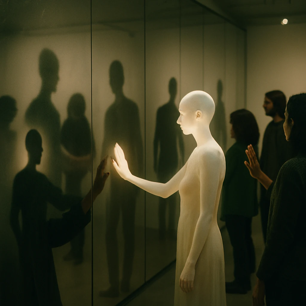 曇りがかったアートギャラリーで来場者が鏡張りの壁に映る影に手を伸ばして触れている様子。