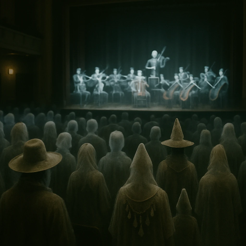 薄暗いコンサートホールで、幽霊や半透明の観客たちがスタンディングでホログラム楽団の演奏を見守っている様子。