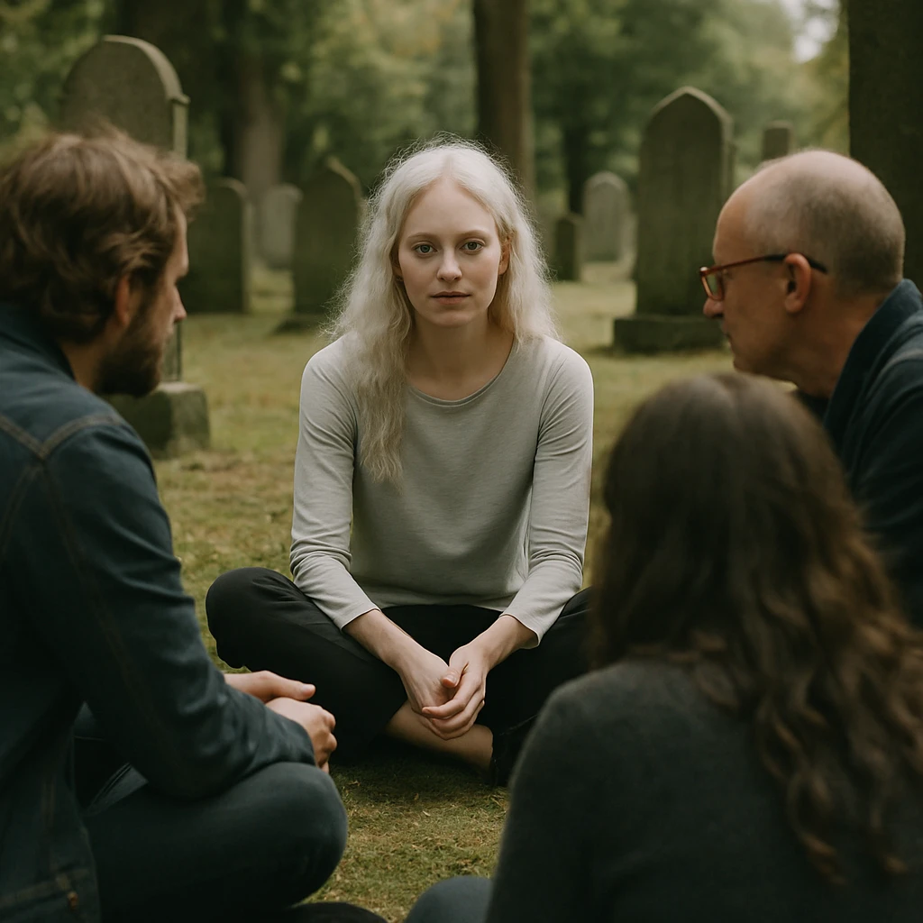 苔むした古い墓地で、数人の人物が円になって穏やかに対話している写真。