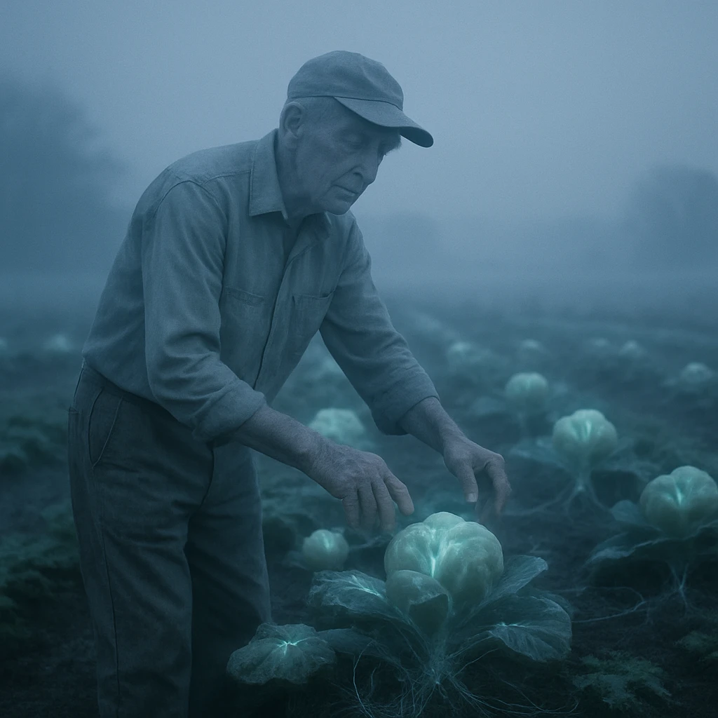 薄明かりの中、半透明の男性が幻想的な植物と白い菌糸が絡み合う幽体農場で作業している写真。