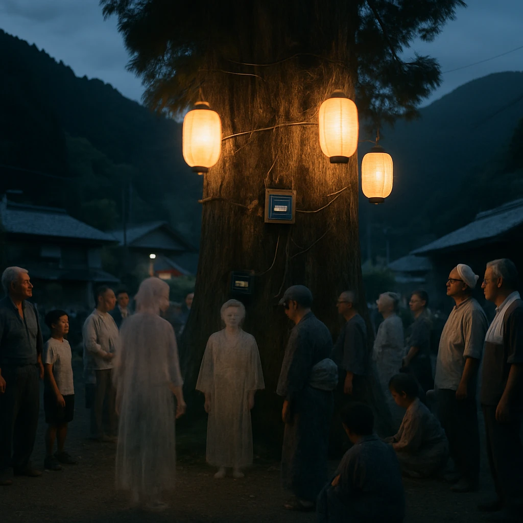 山間の村で御霊杉の周囲に人間と幽霊の姿が集まり、提灯やデジタル機器が灯る幻想的な夜祭りの様子。
