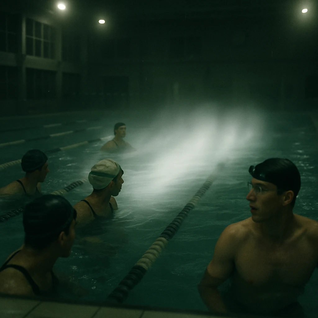 夜間の薄暗い室内プールで、水面のレーンが途中から白くぼやけて消え、泳ぐ選手たちが戸惑っている光景。