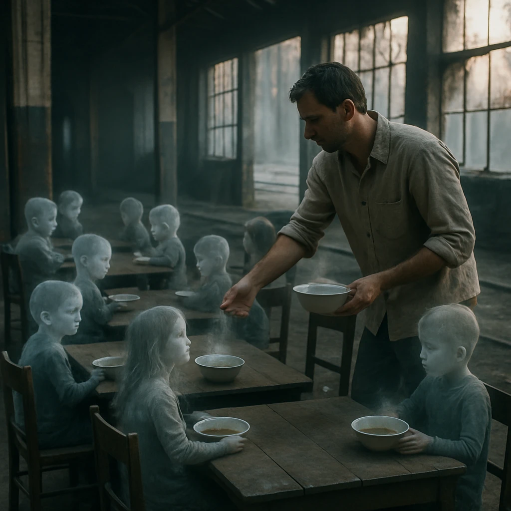 廃駅の跡地で、透明感のある子どもたちがテーブルに集まり、ボランティアがスープを配る様子の写真。