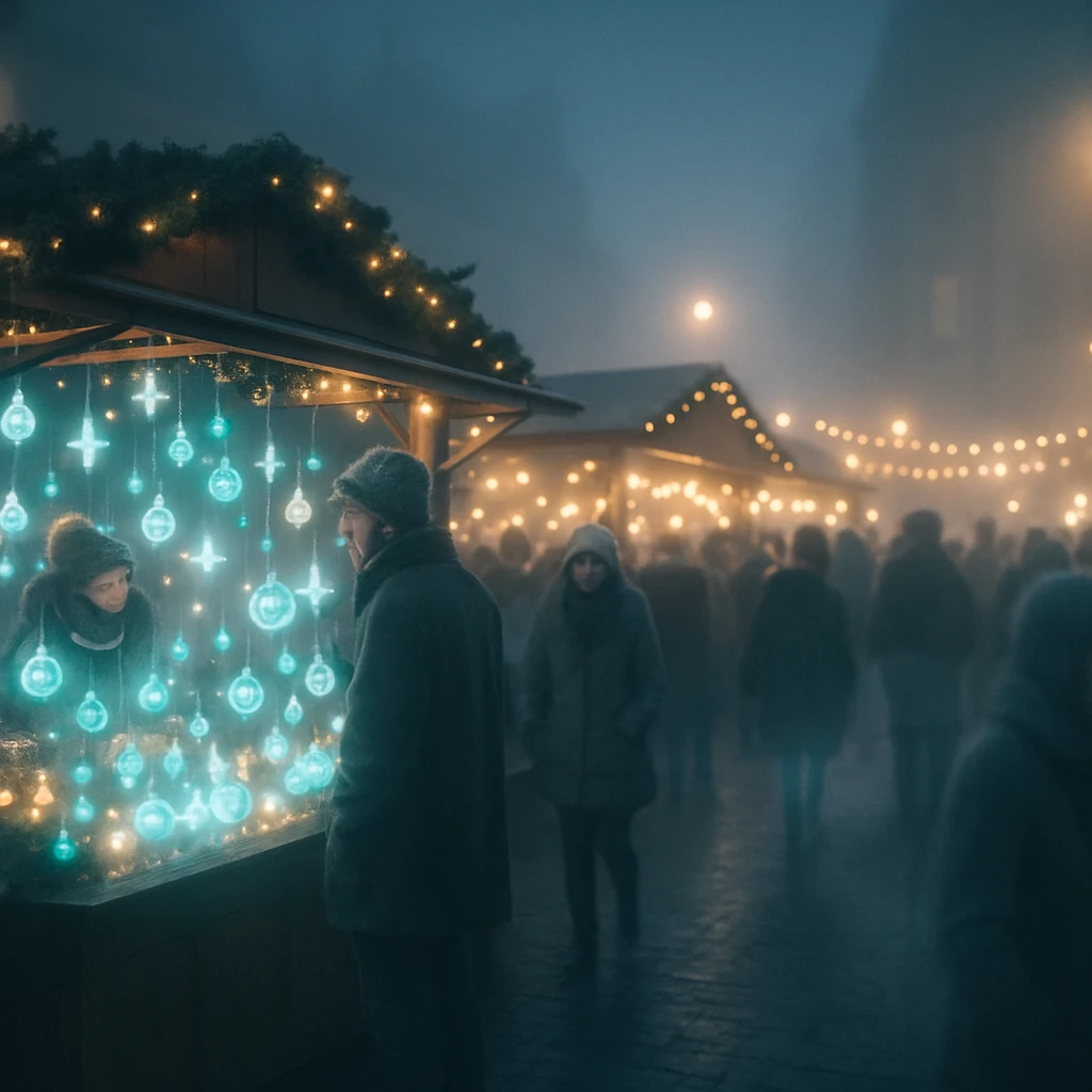 夜霧に包まれた広場で、幽霊のように半透明の客や職人が華やかな屋台に集まっている幻想的なクリスマスマーケットの写真。