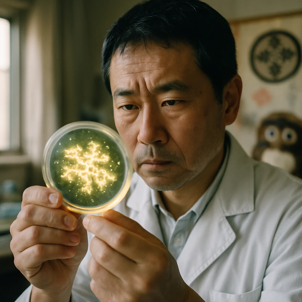 研究者がぬらり医院でペトリ皿内の光る微生物を慎重に観察している写真。