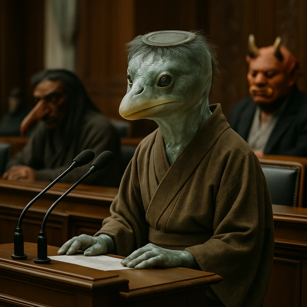 河童の議員が議場の演台で他の妖怪たちに向かって発言している様子のリアルな写真。
