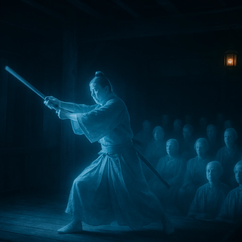 ブルーの照明に包まれ、半透明の幽霊俳優が刀を振るう冥界舞台の一幕が、幽かな観客たちとともに写っている。