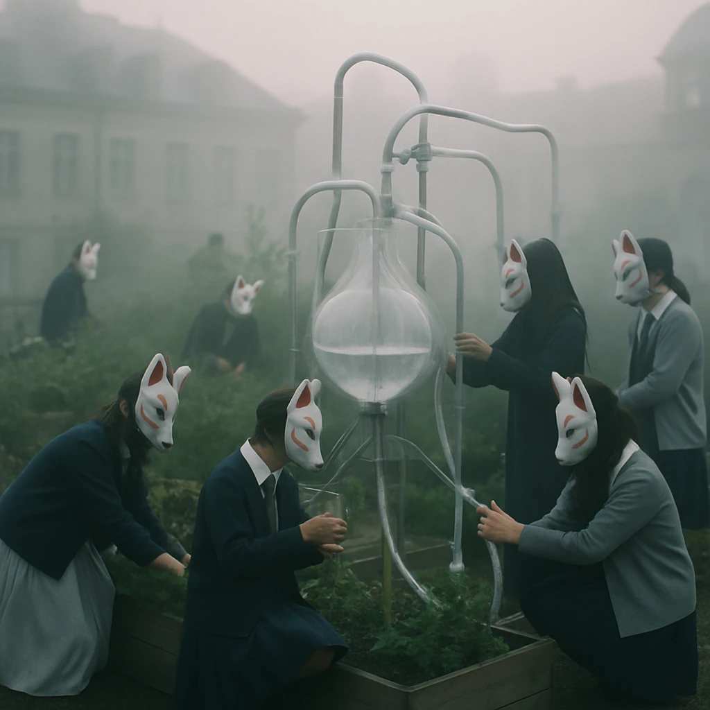 早朝の霧が立ち込める学園屋上ガーデンで、霧狐の仮面をかぶった生徒たちが水循環装置の周囲で植物の世話や水質検査をしているリアルな写真。