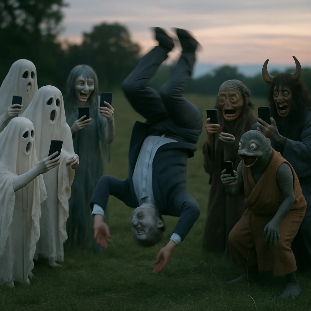 夕暮れの草原でスーツ姿の幽霊候補がでんぐり返しを披露し、周囲の妖怪や精霊がスマートフォンでその様子を撮影している写真。