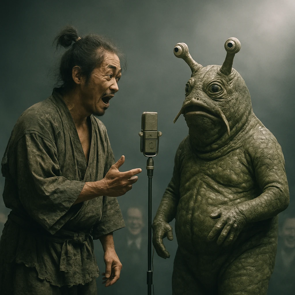ぼんやりとしたステージで、元武士とナメクジ怪人が漫才を披露し、観客の幽霊たちが笑っているリアルな写真。