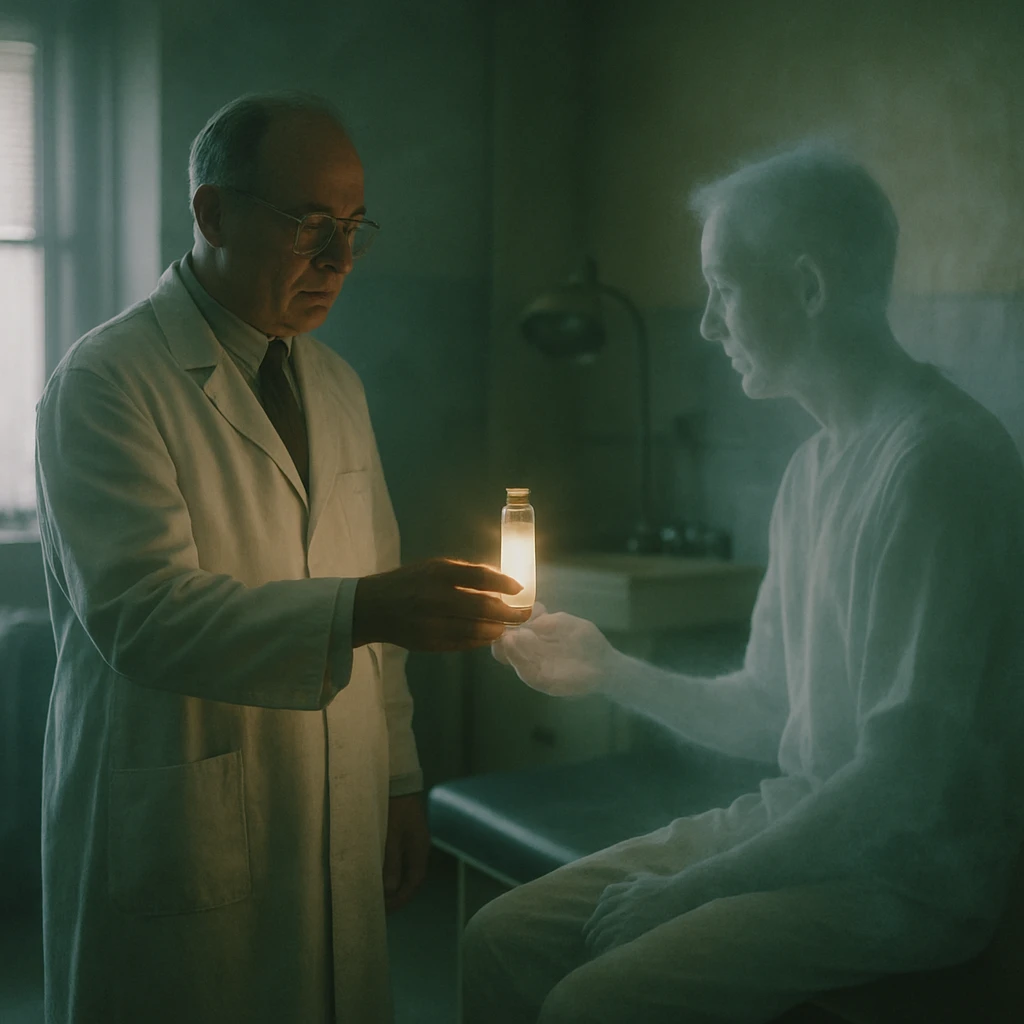 薄暗い診察室で幽体の患者に発光する薬瓶を手渡す医師の写真。